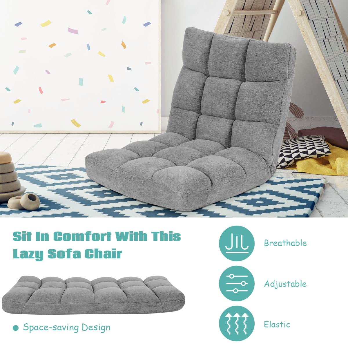 NON UTILIZZATO] Sedia Da Pavimento HHG-914, Poltrona Da Pavimento Letto Cuscino 4 Posizioni Reclinabili Velluto Giallo 82390231 - Foto 5