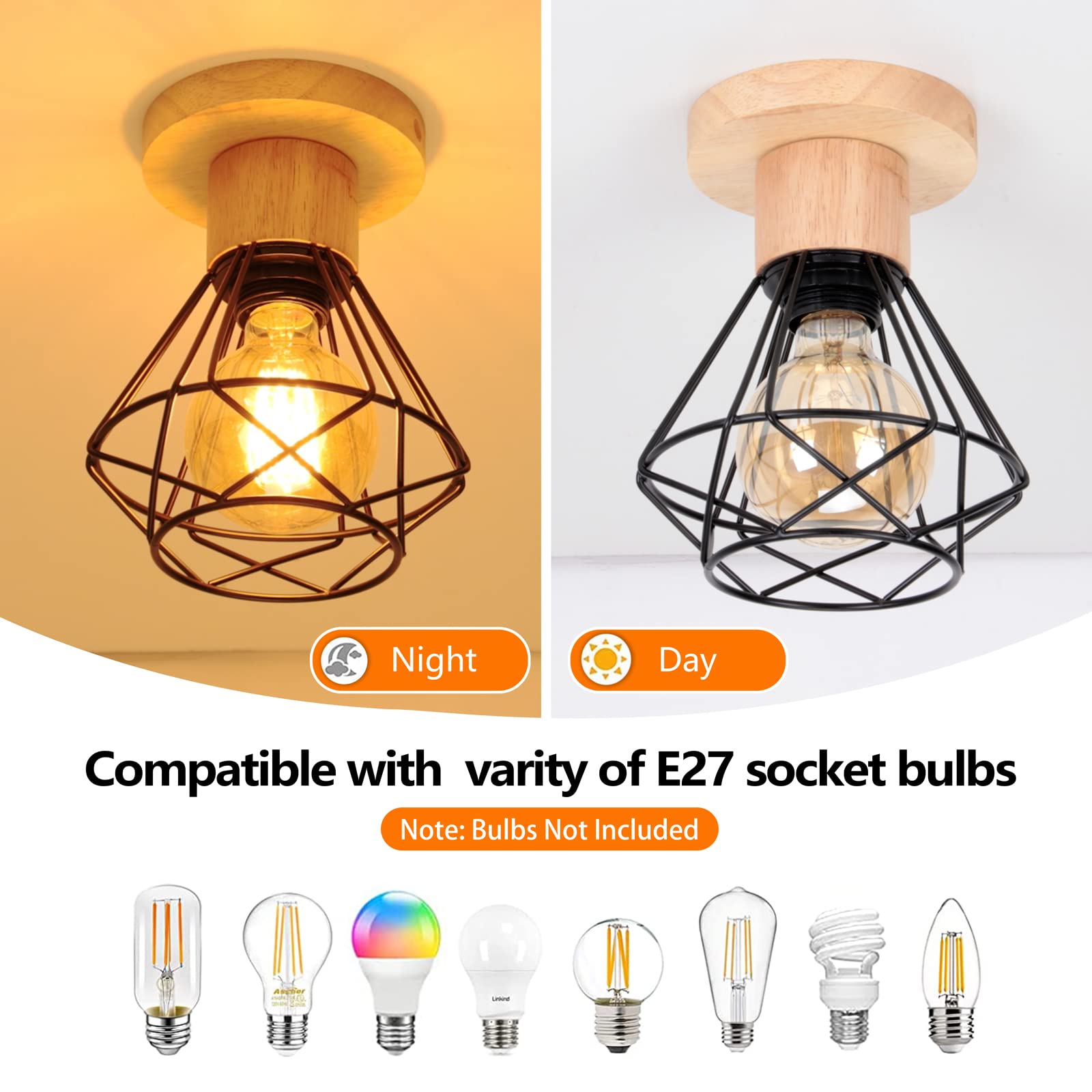 iDEGU Zestaw 2 lamp sufitowych przemysłowych, 16 cm Vintage E27 Retro żyrandol wisząca z żelaza i drewna Klatka Design Czarna lampa sufitowa do wejścia do przedpokoju sypialni kuchni
