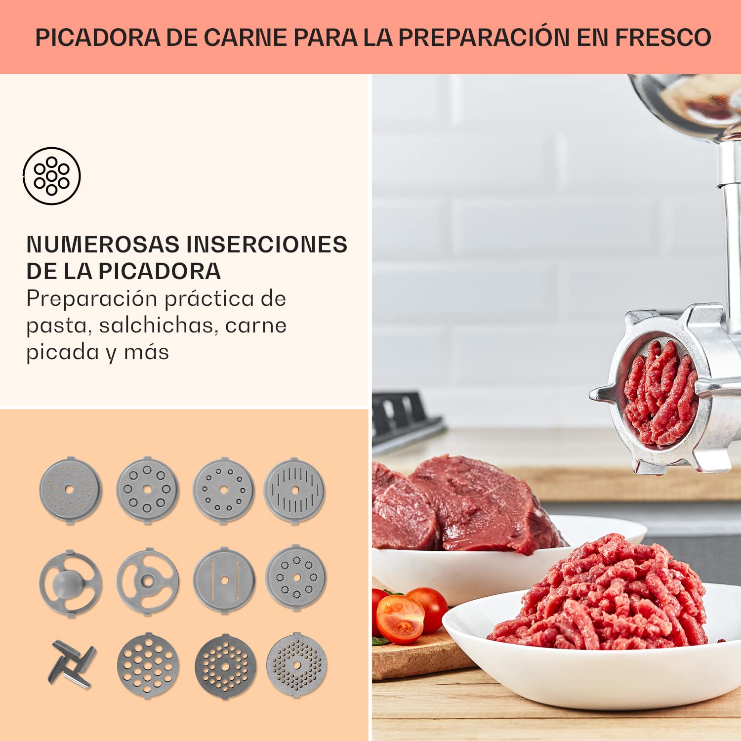 Klarstein Batidora Amasadora con Bol 5L para Hornear, Robot Cocina, Amasadora Reposteria 2000W, Picadora Carne, Gancho y Bol para Mezclar con Varillas Rotación Planetaria con 6 Velocidades