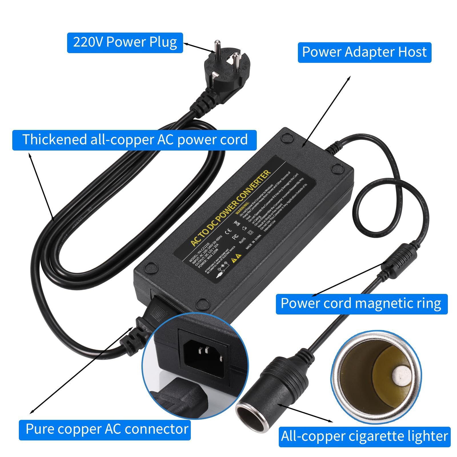 JIZZU 120W 10A AC à DC Adaptateur Converter, 230V à 12V Adaptateur Allume Cigare Secteur pour Voiture, Chargeur Secteur Transformateur Convertisseur pour Gonfleur Pneu, Aspirateur, Glacière