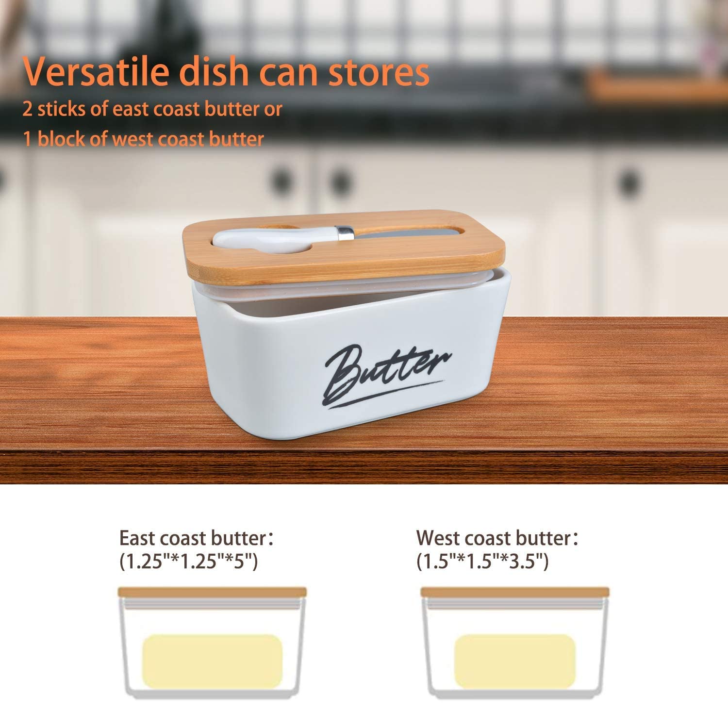 Catron CT-01 Ceramic Butter Dish with Lid for Countertop,Large Butter Keeper with Knife,Porcelain Covered Butter Holder and Container,Perfect for East West Coast Butter 2