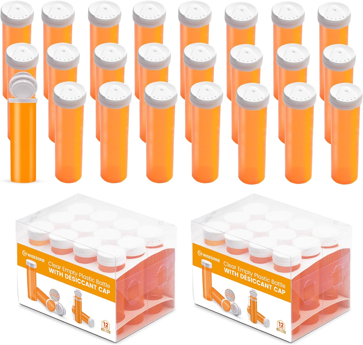 Wisesorb 11 Dram, 24pcs, Pill Bottle with Desiccant Cap