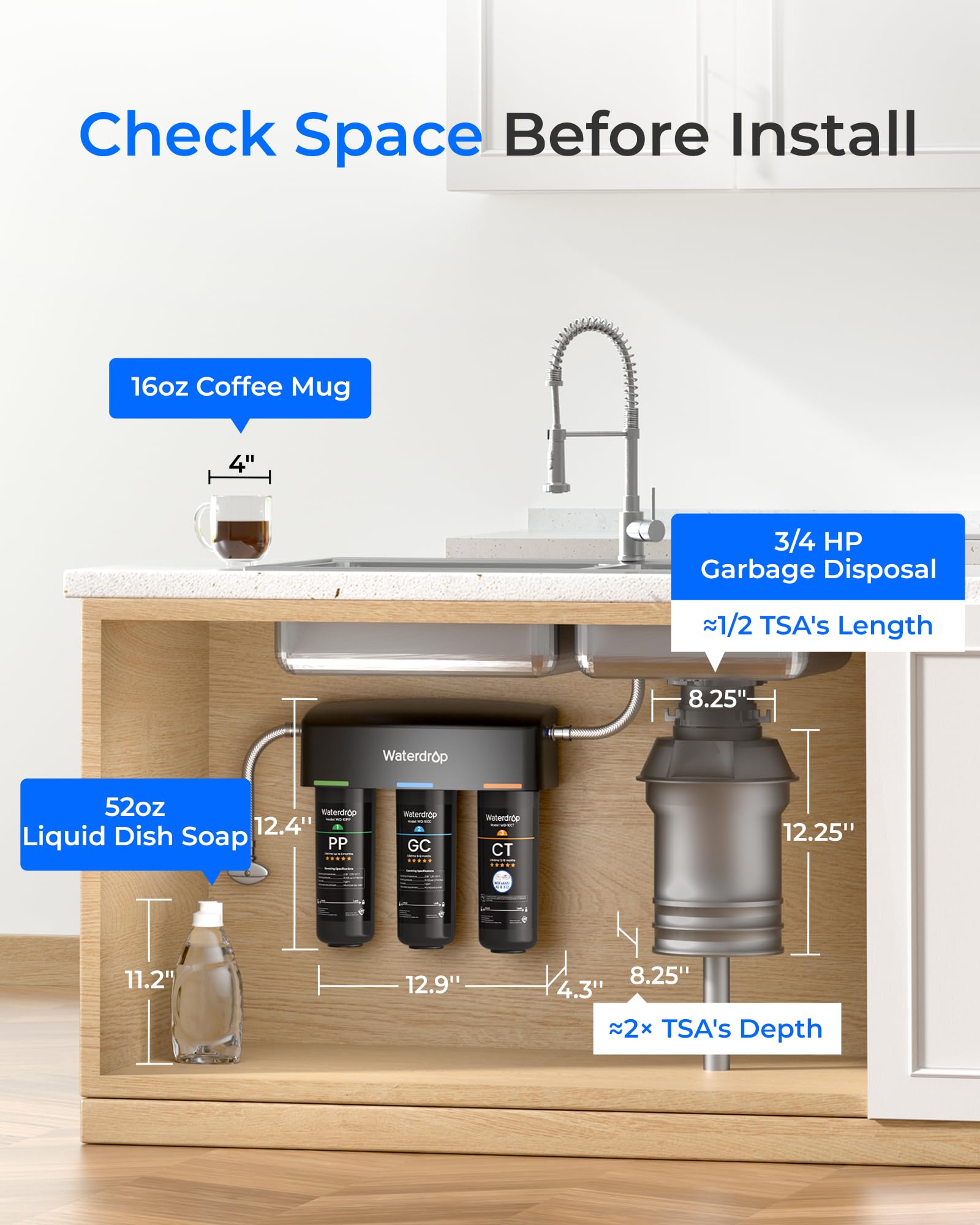 Waterdrop TSA system filtrowania wody pod zlewem, 3-stopniowy system filtracji wody o dużej pojemności, certyfikat NSF/ANSI 42, redukcja PFAS, PFOA/PFOS, redukcja ołowiu, chloru, złego smaku