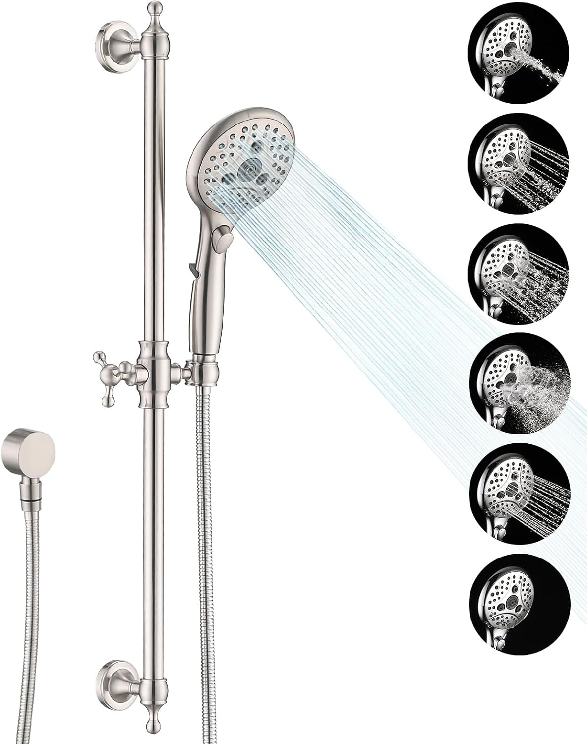 Handheld Shower Head with Slide Bar Combo, 6 Settings Handheld Shower with ON/OFF Pause Switch, Adjustable Height 27.5" Long Slide Bar, Wall Supply Elbow and 6.6ft Shower Hose, Brushed Nickel