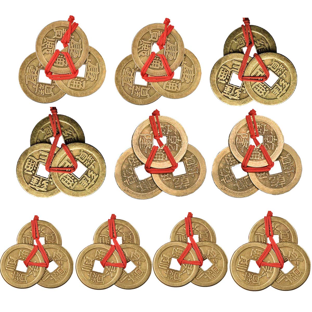 Dreamworth 10 Sets Chinese Fortune Coins Feng Shui Coins I-Ching Coins Traditional Coins with Red String for Wealth and Success