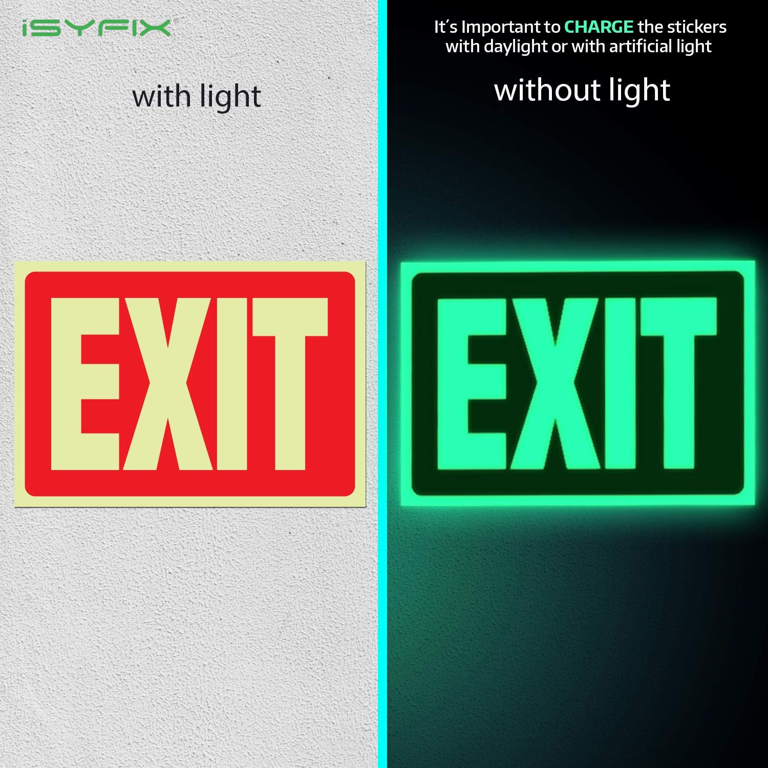 iSYFIX Exit Glow in the Dark Sign Stickers Red – 12 Pack 10x7 Inch – Photoluminescent Vinyl, Laminated for UV, Weather & Fade Resistance, Indoor & Outdoor for Business, School, Office, Warehouse