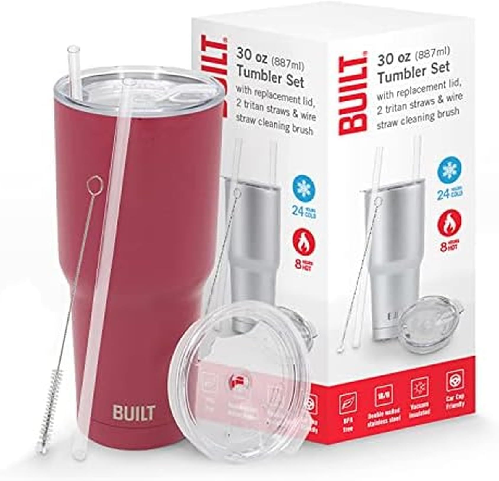 BUILT Double Walled Stainless Steel Tumbler Set with Replacement Lid, 2 Reusable Tritan Wire Straw Cleaning Brush in Gift Box, 30-ounces, Burgundy