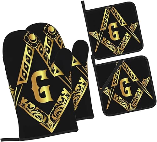 Miniatura 2 de Masonic Golden Artistic Charity Faith Symbol - Guantes de horno y 4 juegos de guantes de cocina, guantes de horno impermeables y guantes de