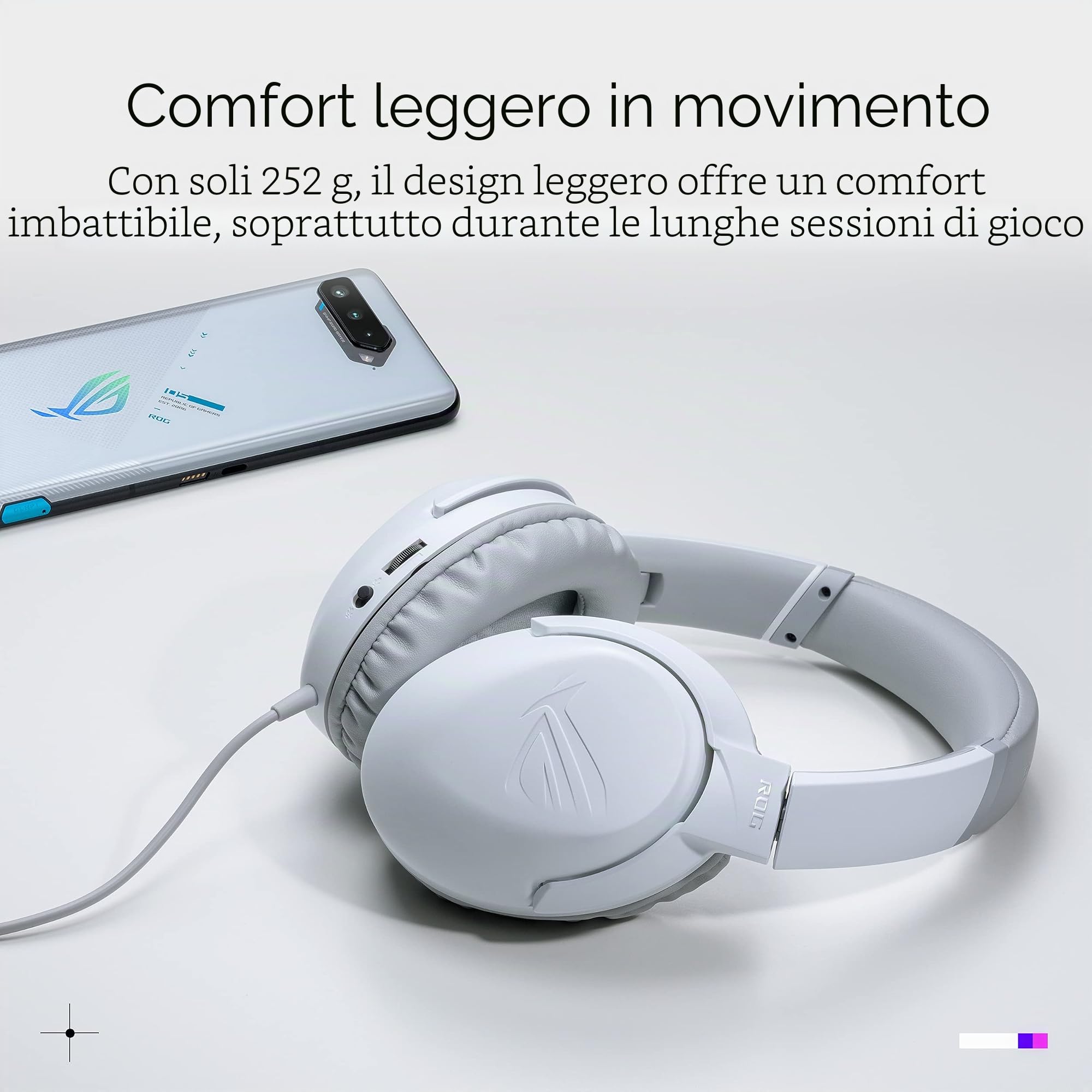 ASUS ROG Strix Go Core Moonlight White Cuffia Gaming jack 3.5mm, Audio Alta Risoluzione, Microfono Cancellazione Rumore, Driver 40 mm, Design Leggero, Per PC, Switch, PS5 e Dispositivi Mobile, Bianco