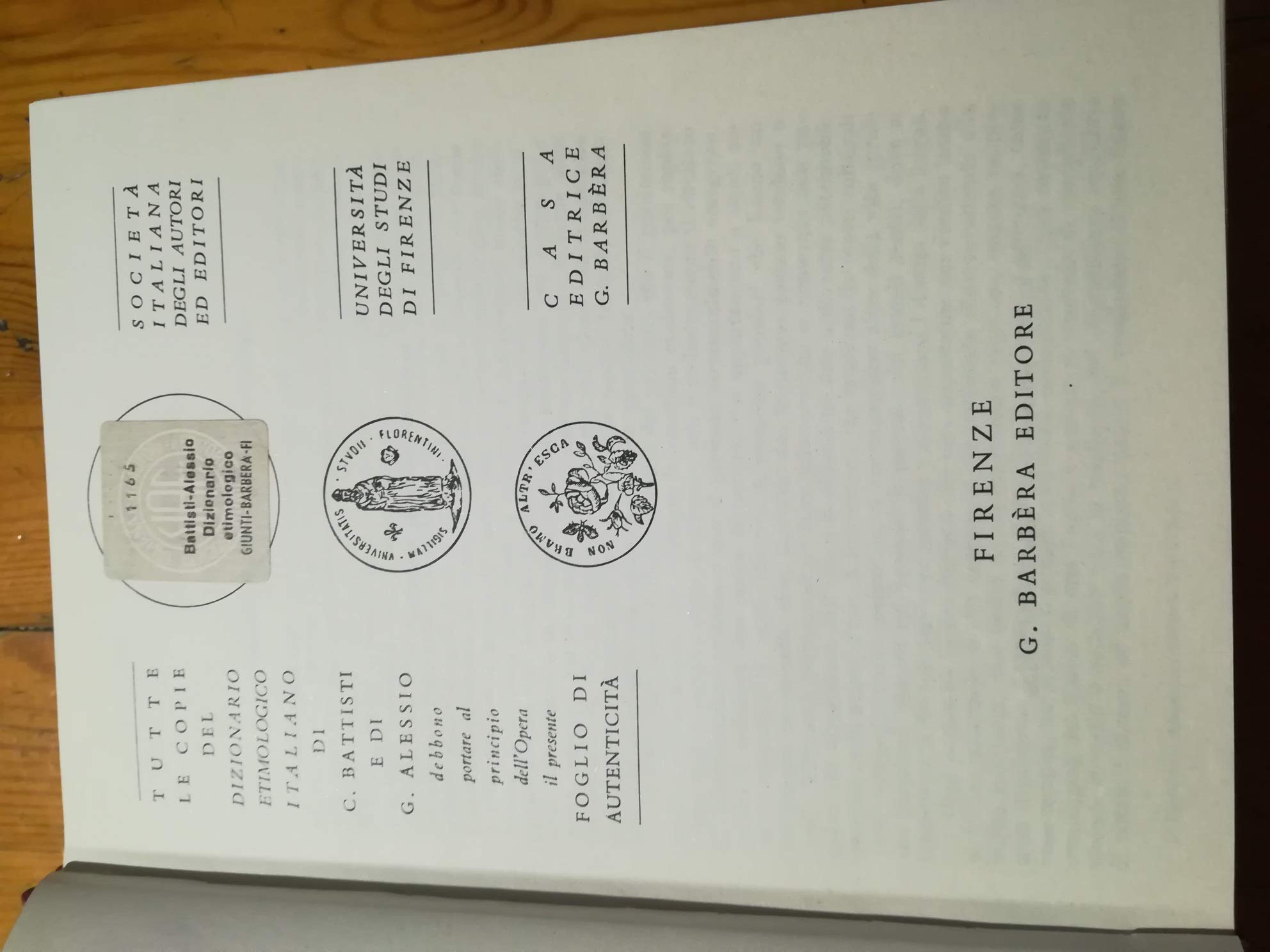 Dizionario etimologico italiano Volume primo: A-Ca - Volume secondo: Ca-Fa - Volume terzo: Fa-Me - Volume quarto: Me-Ra - Volume quinto: Ra-Zu (volumi stampati fra il 1950 ed il 1957)