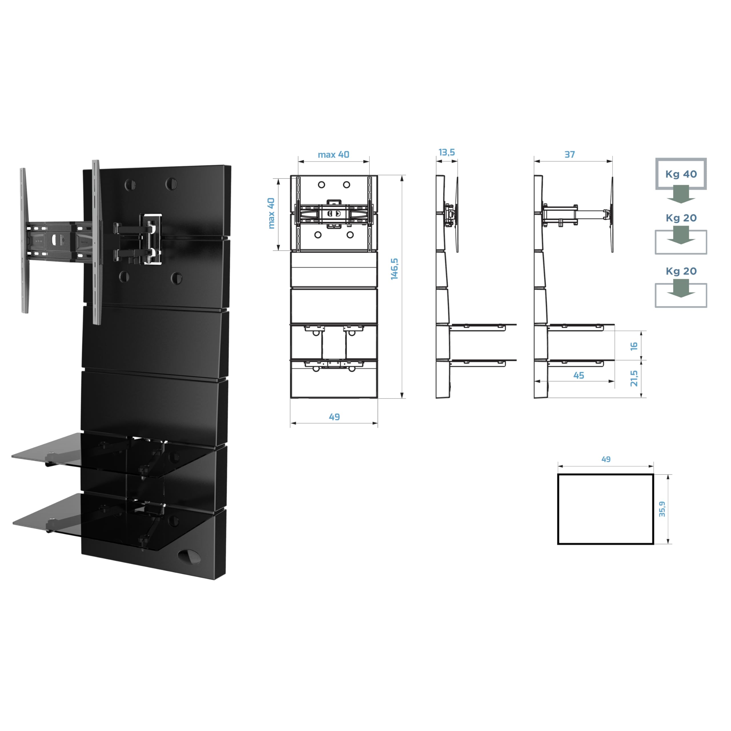 Meliconi GHOST Design 3500 Rotation Nero Matt Supporto da Muro per TV da 32" a 70", vesa 200, 300, 400 mm