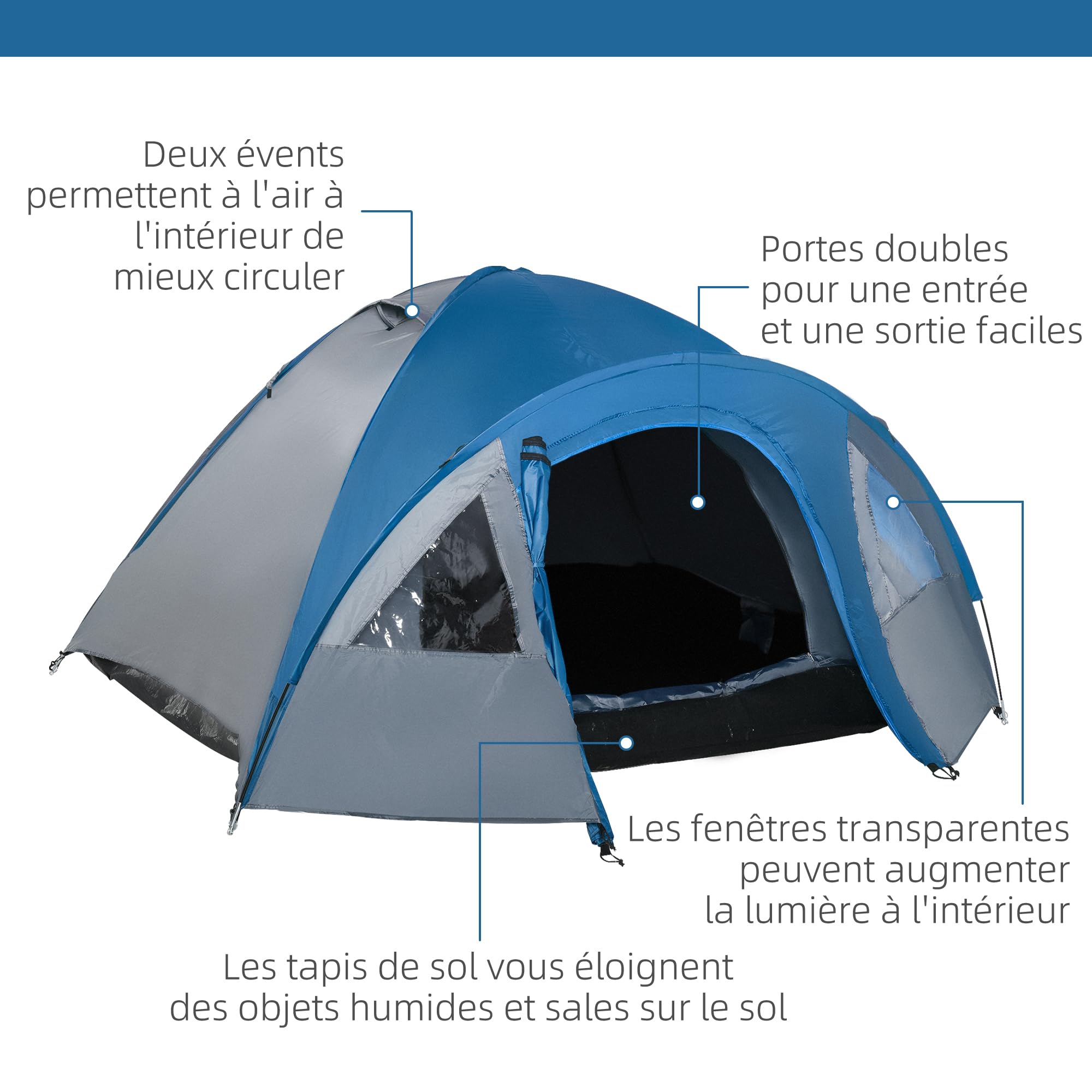 Outsunny Tente de Camping familiale 4-5 Personnes légère et étanche, dôme ventilé avec Double Portes et fenêtres, Facile à Monter, Fibre de Verre Polyester, dim. 3L x 2,50l x 1,30H m Bleu Marine