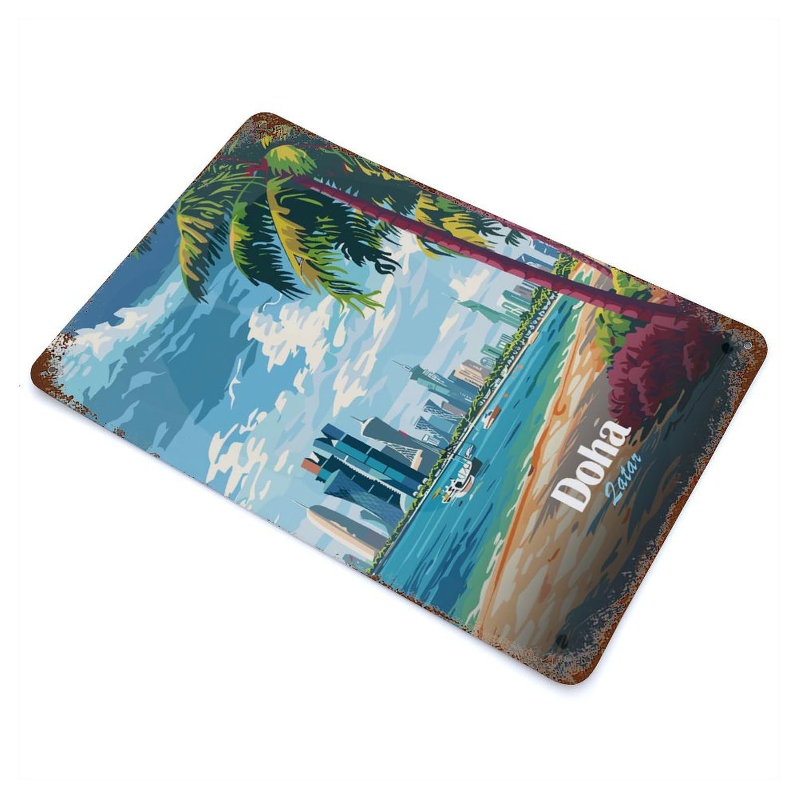 Doha, Qatar Beach And Skyline Decorative Tin Sign 11.8"x7.9", Retro Wall Decor for Basement, Hobby Room And Garage Decor