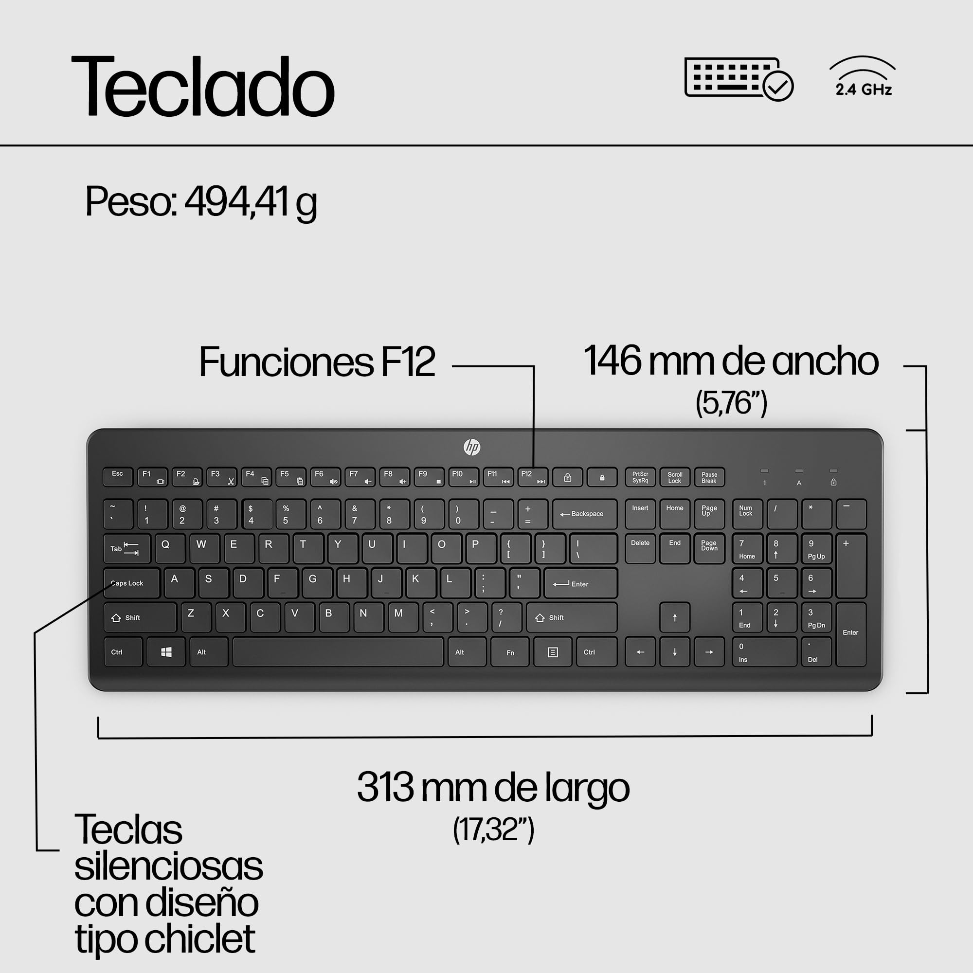 HP 230 Teclado Inalámbrico QWERTY Español - (Puerto USB-A, Batería hasta 16 Meses de Duración, Conexión Inalámbrica 2,4GHz, Windows), Color Negro