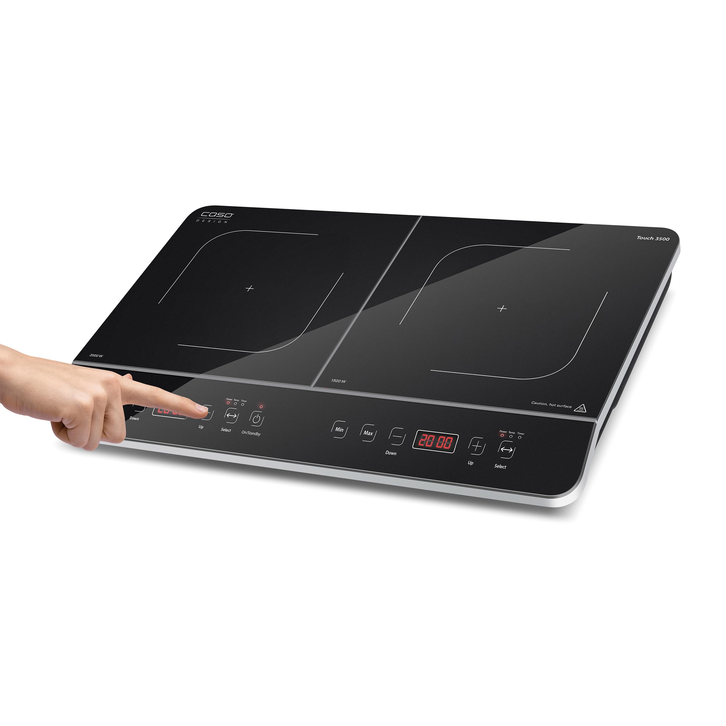 CASO Touch 3500 Piastra di cottura a induzione doppia mobile, interruttore di sicurezza, 60-240°C, 6 livelli, timer 180 minuti, pentole fino a 26 cm, 3500 Watt, vetro ceramica