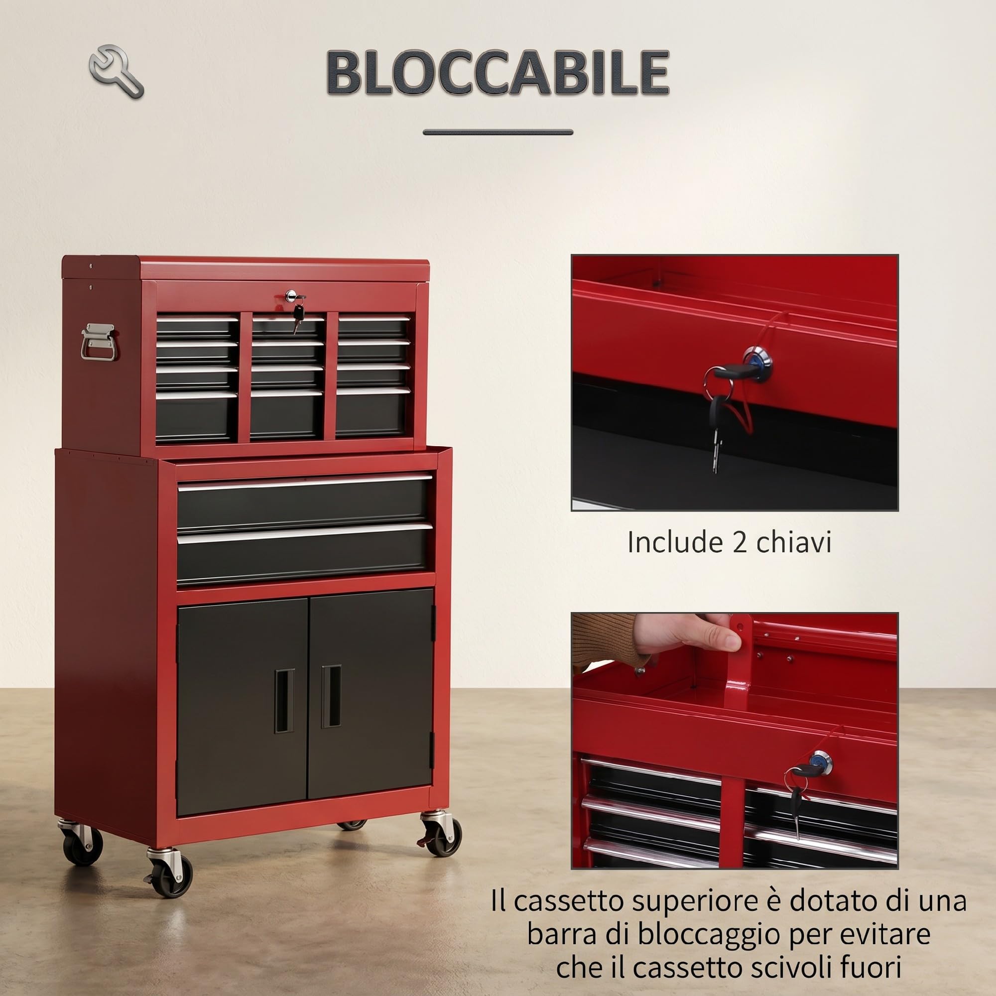 HOMCOM Carrello Portautensili 2 in 1 con 6 Cassetti e Armadietto Rimovibile, Carrello Porta Attrezzi con Serratura e Ruote, Cassettiera Officina in Acciaio per Garage 61.6x33x108 cm Rosso