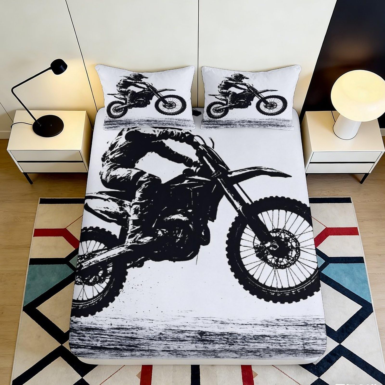 3D Printed Motocross Adventure Fitted Sheet Microfiber Soft Breathable Motorcycle Bed Cover for Bedroom Dorm Mattress Protection Decor 90x200x25cm