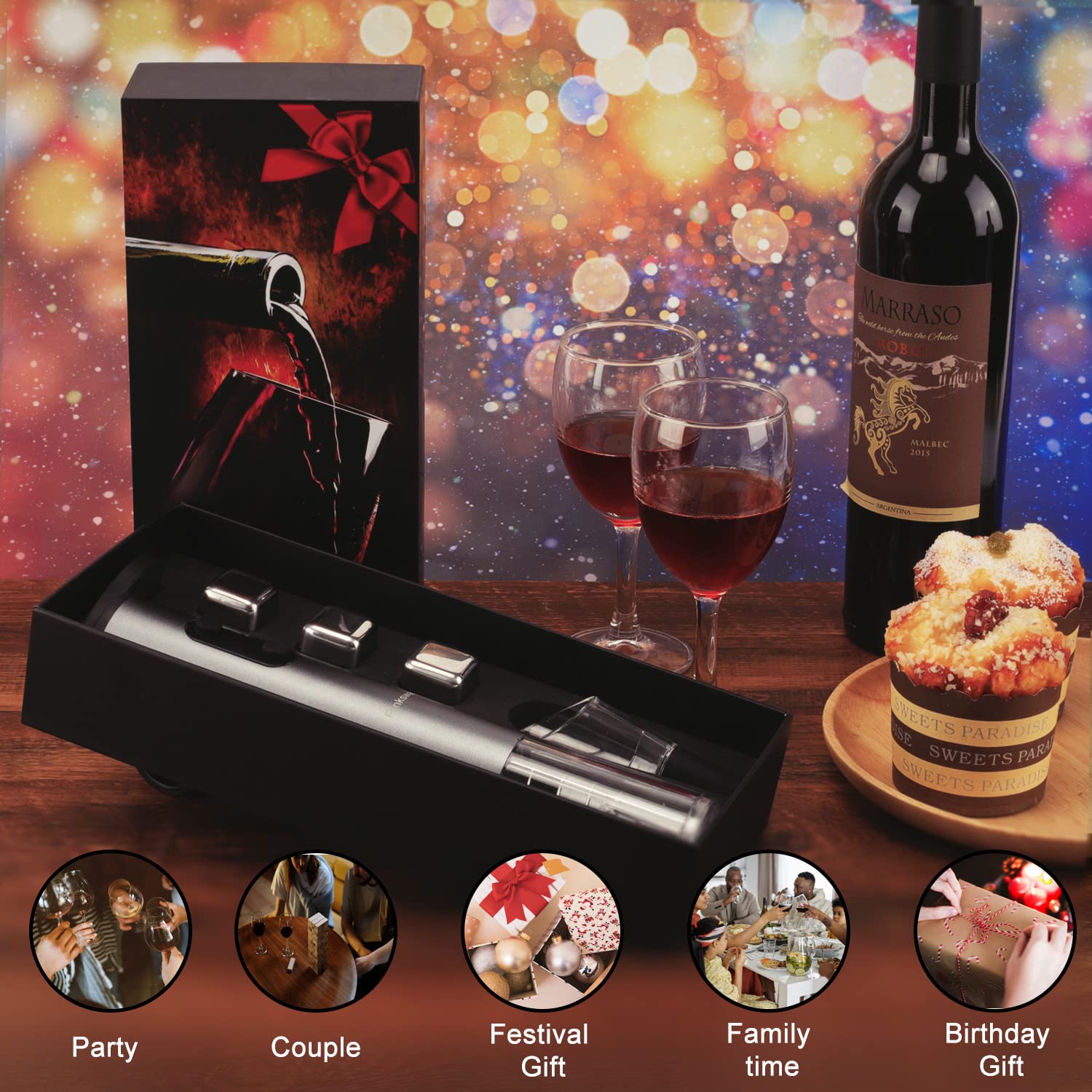 Juego de regalo eléctrico para abridor de vino, piedra de whisky, regalos para amantes del vino con accesorios de vino de sacacorchos automático, cubo de hielo de metal, vertedor de vino, cortador de 7