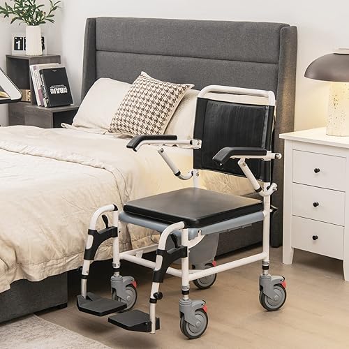 Miniatura 2 de Giantex Silla de ruedas 4 en 1 para inodoro con brazos, 4 ruedas bloqueables, cubo desmontable, altura ajustable y reposapiés abatible, silla de