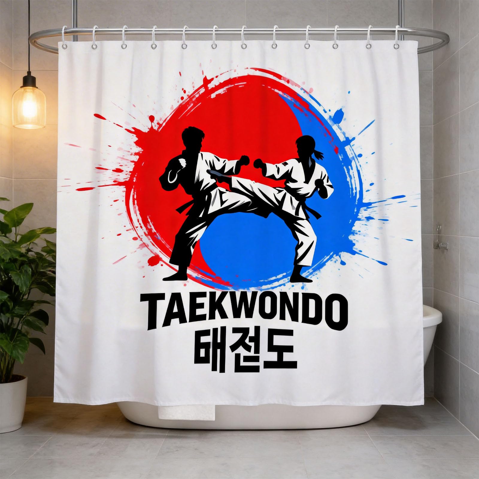 Hongduo White 3D Fighting Illustration Shower Curtain For Stalls Bathtubs Korean Martial Arts Bathroom Decor Shower Curtain Set Polyester Fabric Waterproof 120X180cm/48X71 Inch With Hooks