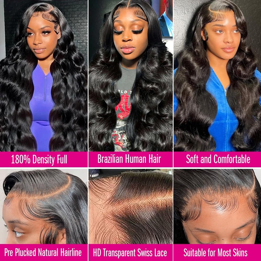 Bele 34 inch 13X4 Body Wave Lace Front Wigs Human Hair Body Wave Human Hair Wig 180% Density Brazilian HD Transparent Lace Front Wigs for Women Pre Plucked with Baby Hair Natural Color - Image 4