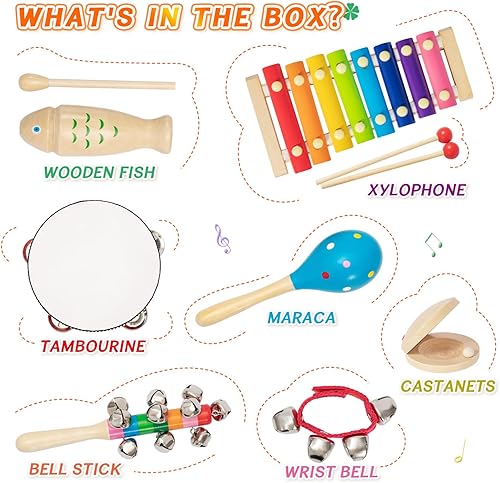 Miniatura 6 de Juego de instrumentos musicales para niños pequeños, 10 unidades, 7 tipos, instrumentos de percusión de madera, pandereta, xilófono, juguetes para