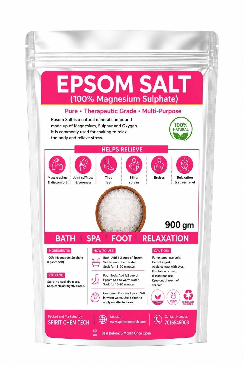 Spirit Chem Tech Epsom Salt 100% Magnesium Sulphate 900g | Therapeutic Grade, Bath & Foot Soak, Stress Relief, Vegan & Cruelty Free, Resealable Pouch-image-30