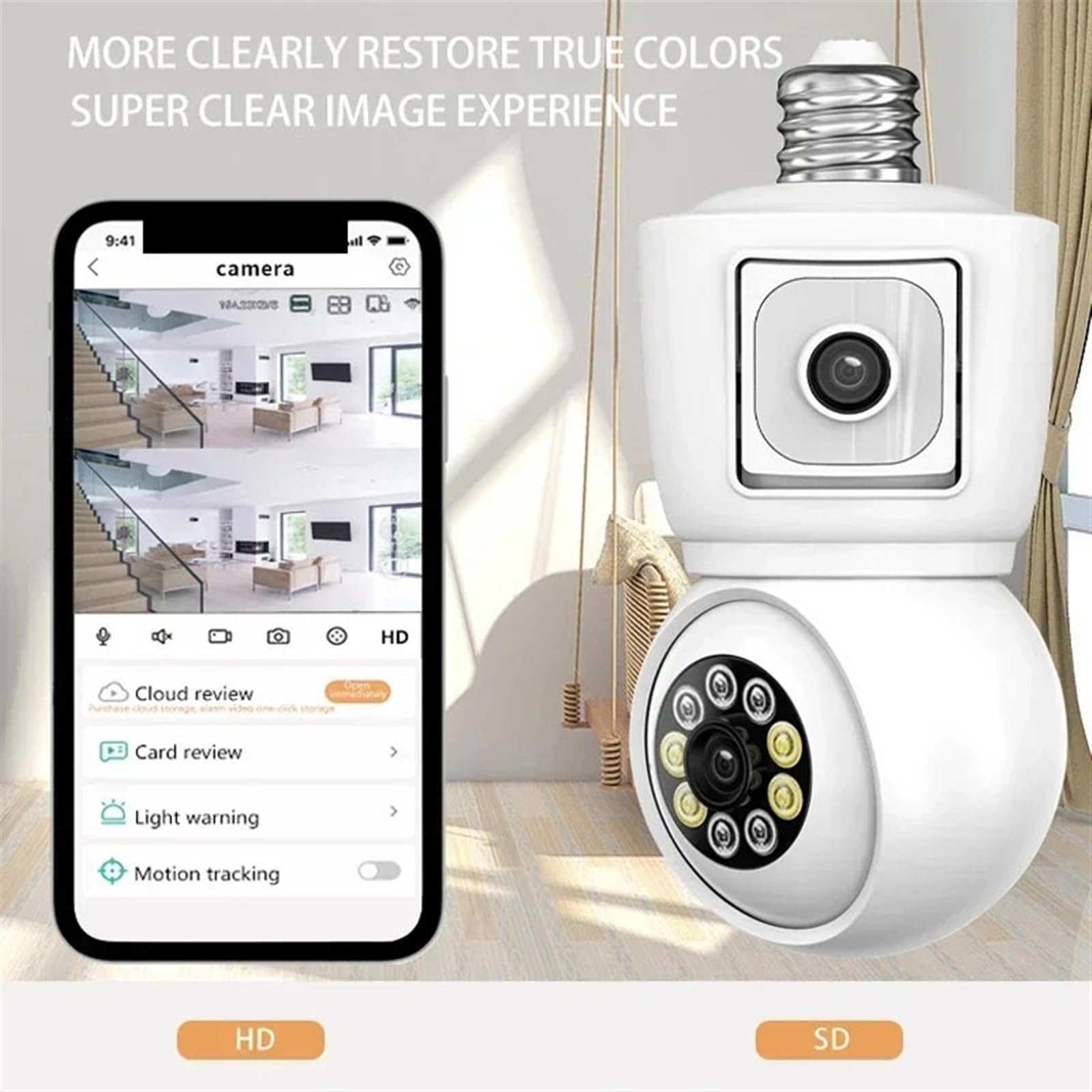 Telecamera di sicurezza esterna, Telecamera 4K 6MP E27 Lampadina Doppia lente Doppio schermo Monitoraggio automatico Audio bidirezionale Visione notturna a colori Telecamera di sorveglianza esterna Te