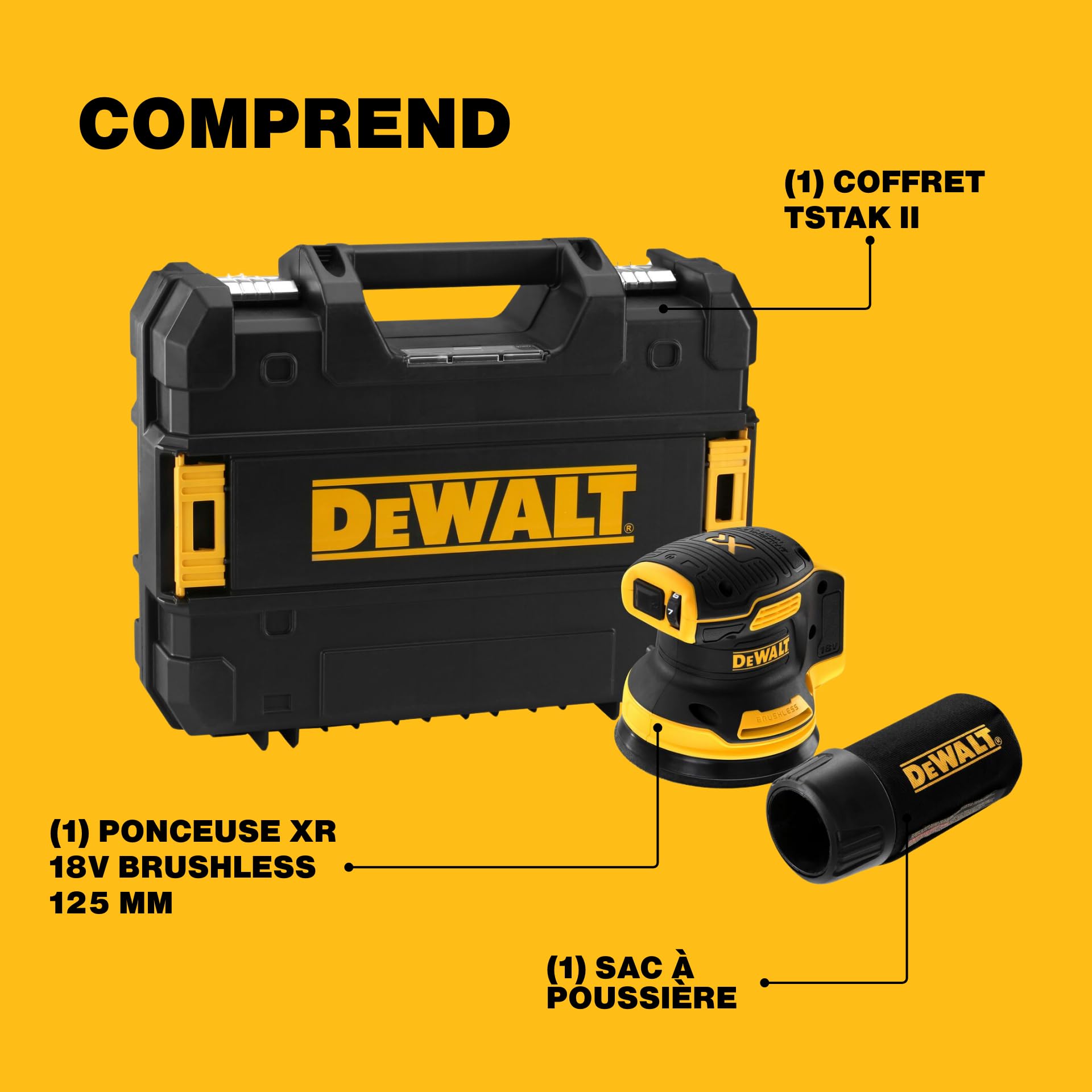 DEWALT Ponceuse excentrique XR 18V Brushless 125mm – Sans fil, variateur de vitesse, faible vibration, poignée ergonomique – Machine nue DCW210NT-XJ
