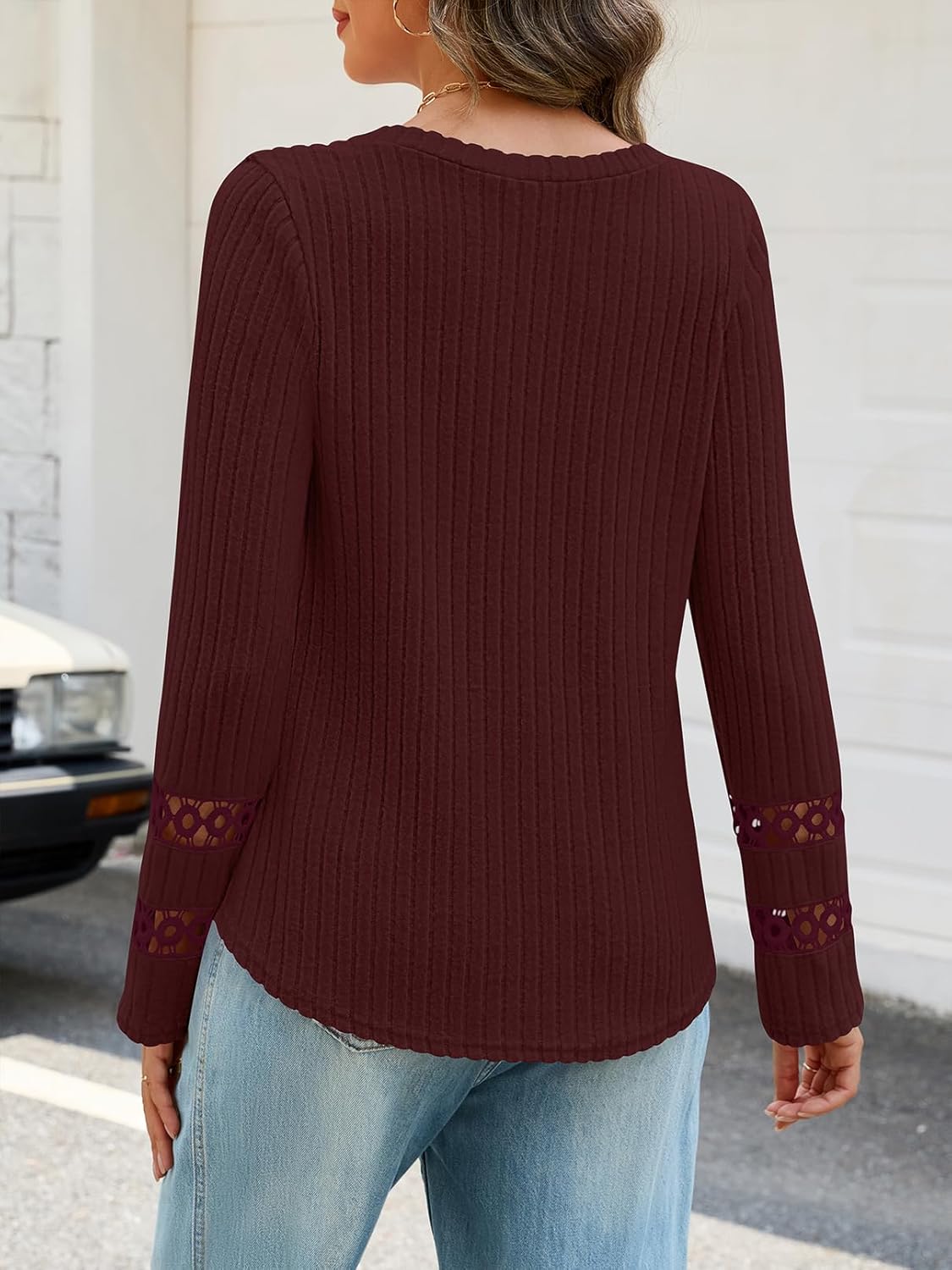 MEROKEETY Womens Long Sleeve Tops 2025 Trendy Fall Winter V Neck Ribbed Sweaters Casual Shirts Blouses - Image 4