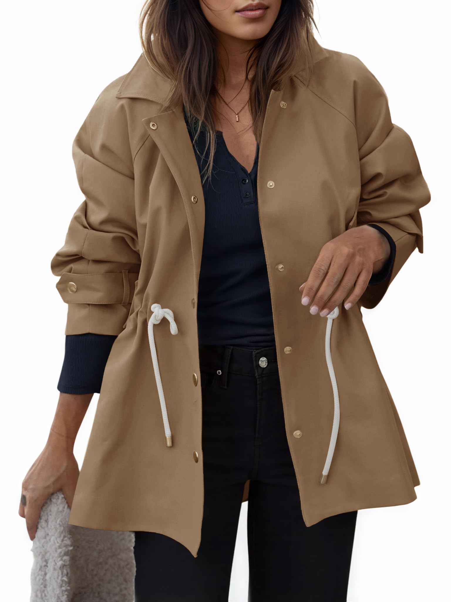 Tankaneo Womens Oversized Trench Coat Mid Length Snap Button Fall Jacket Windproof Outerwear with Drawstring