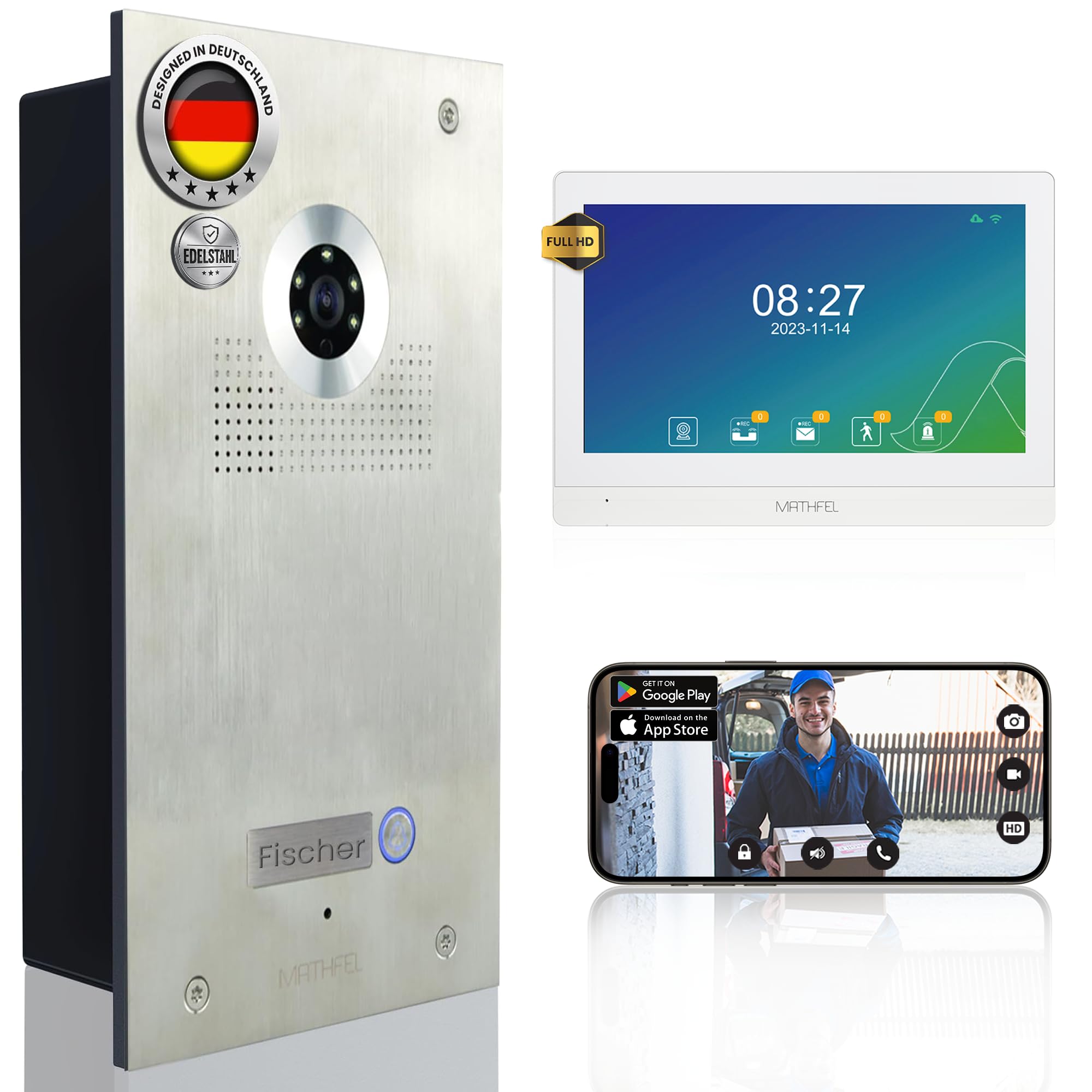 MATHFEL Video Türsprechanlage in Silber, Klingel mit Kamera und 10'' Monitor, Türklingel mit Kamera und Türöffner, Ultraweitwinkel 170 Grad Kamera, Gegensprechanlage mit WLAN Full HD 2MP