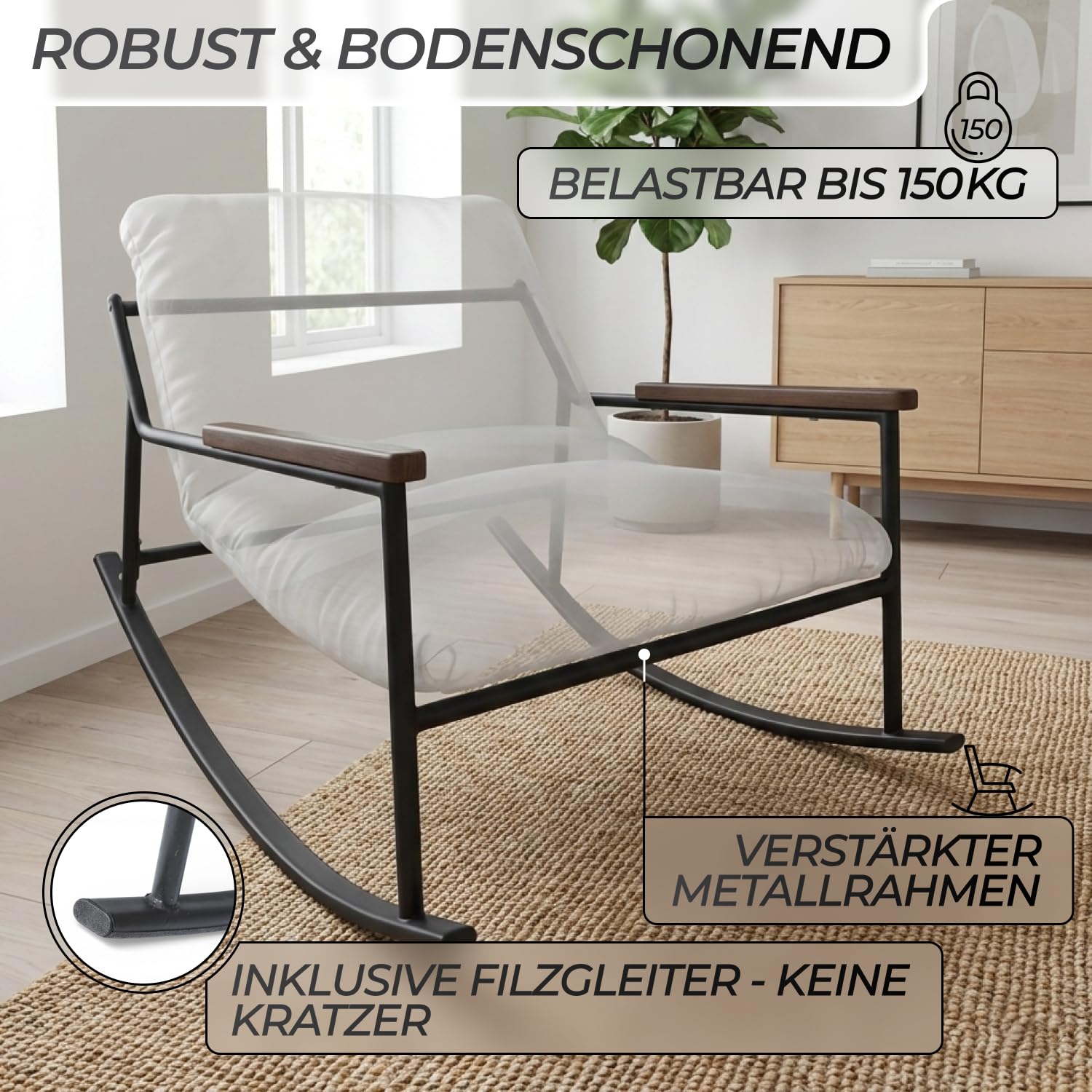 Allyson® Schaukelstuhl & Stillsessel, Cord-Stoff, bis 150 kg, Grau | Geräuschloses Wippen ohne Knarren, hohe Armlehnen entlasten beim Stillen, Schutzstreifen schonen Boden & dämpfen Geräusche