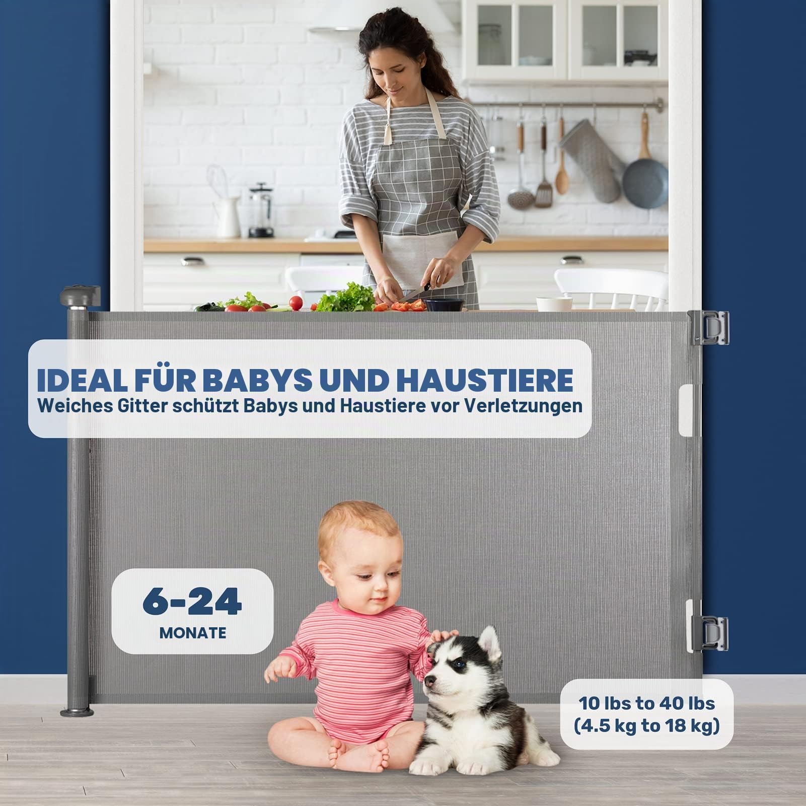 HollyHOME Treppenschutzgitter Ausziehbar 0-180cm, Extra Breit Babygitter, Einhandbedienung, Türschutzgitter für Babys und Haustiere, Kinderschutzgitter, Maschengitter für Treppen,Türen,Flure,Grau