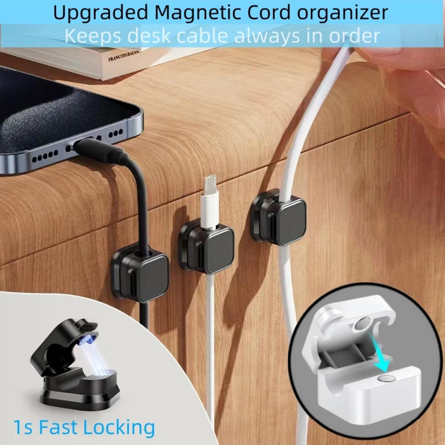 10 Pack Magnetic Cable Clips,Adjustable and Convenient Cable Management, Wire Holder Organizer, Conceal or Arrange Phone USB Charger Cables for Home, Office, Car, Desk, or Nightstand. (Black) image 4
