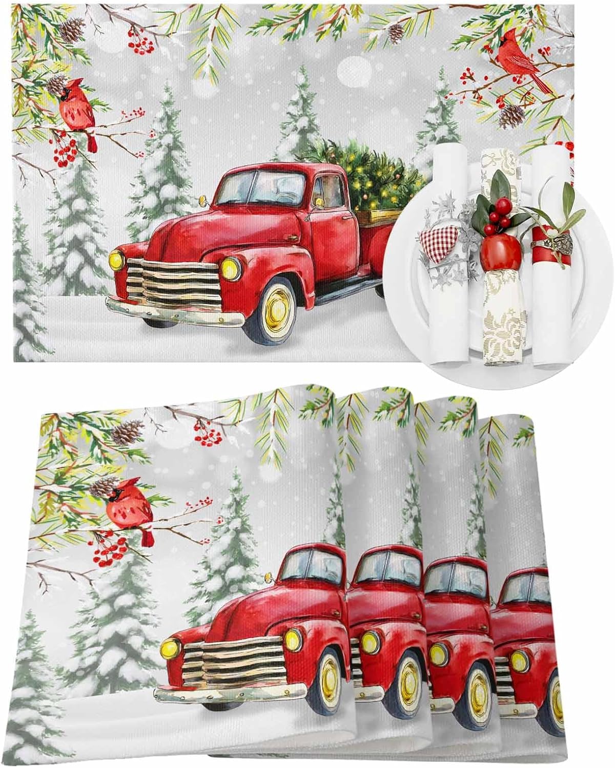 Christmas Truck Placemat Set of 6, Vintage Red Truck Cardinalis Snow Forest Landscape Frosty Tree Table Place Mats Non-Slip Heat-Insulated Washable Cotton Linen Placemats for Christmas Holiday Party