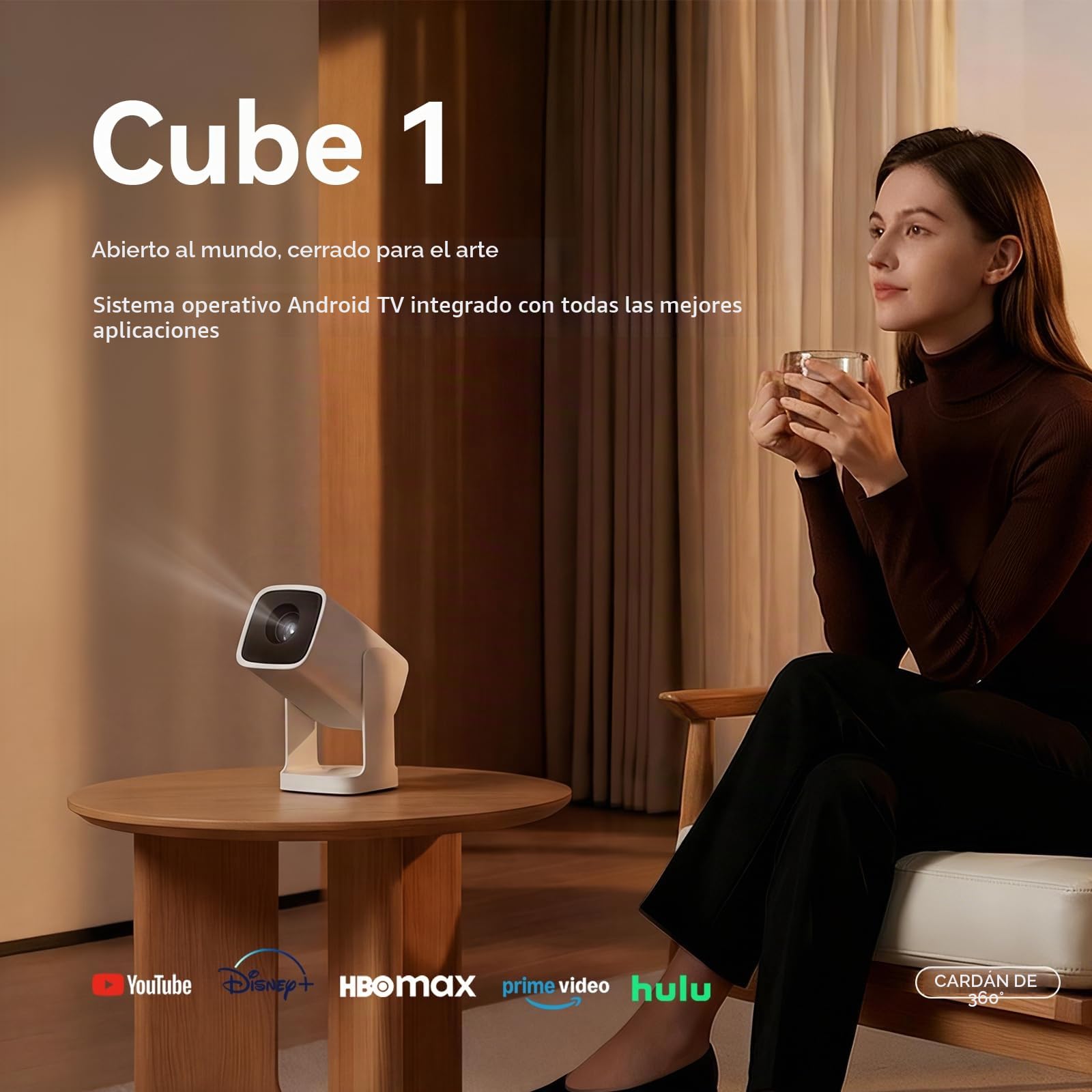 Wanbo Cube 1 Mini Proyector Portátil, Compatible con Android TV, Soporte 1080P, 200 ISO Lúmenes, Enfoque Eléctrico, Asistente de Voz, 5G WiFi, Rotación 360°, Proyector de Cine En Casa/Exterior