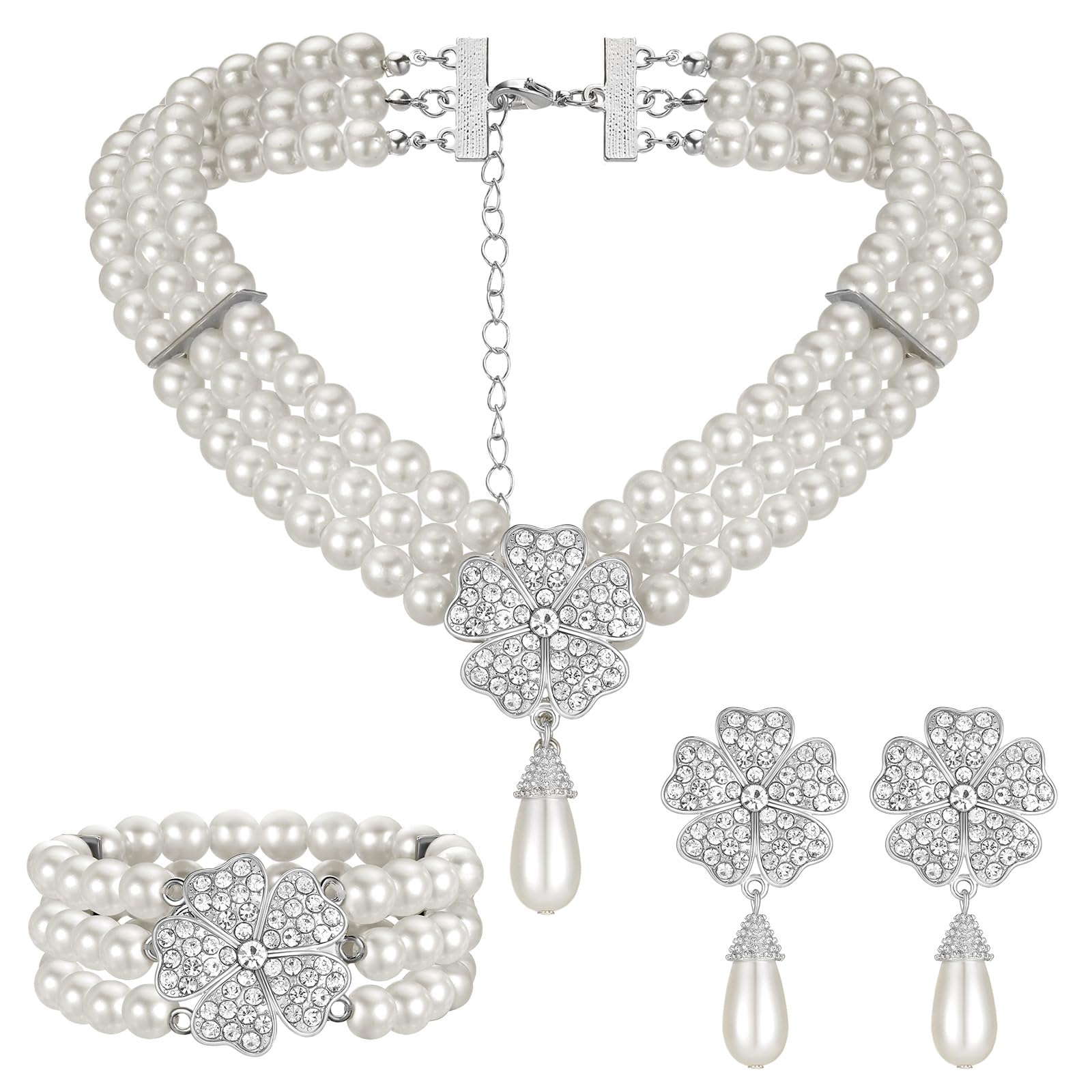 Maitys 3 Pcs 1920s Pearl Jewelry Set Includes Vintage Flapper Earrings Multilayer Imitation Pearl Necklace Bracelet for Women