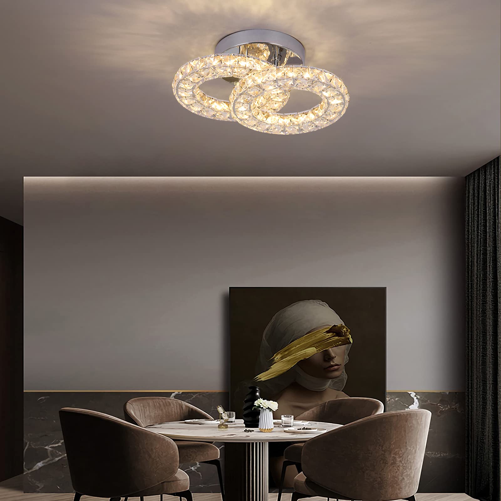 GreeLustr Runde Kristall Kronleuchter LED Moderne Kristall Deckenleuchte, Austauschbare Pendelleuchte K9 Crystal Einbauleuchte Edelstahl Deckenlampe für Schlafzimmer Flurlampe Eingang Wohnzimmer