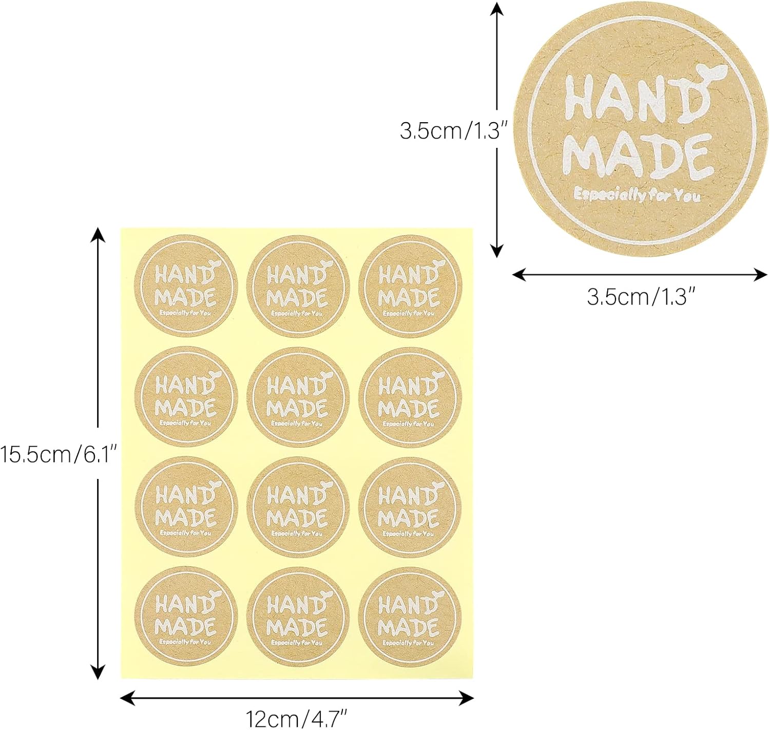 Handmade Paper Sticker,120 PCS Round 'Hand Made Especially for You' Printed Kraft Paper Sticker,3.5CM Paper Adhesive Labels,Homemade Soaps Decorative Sealing Stickers(Brown)