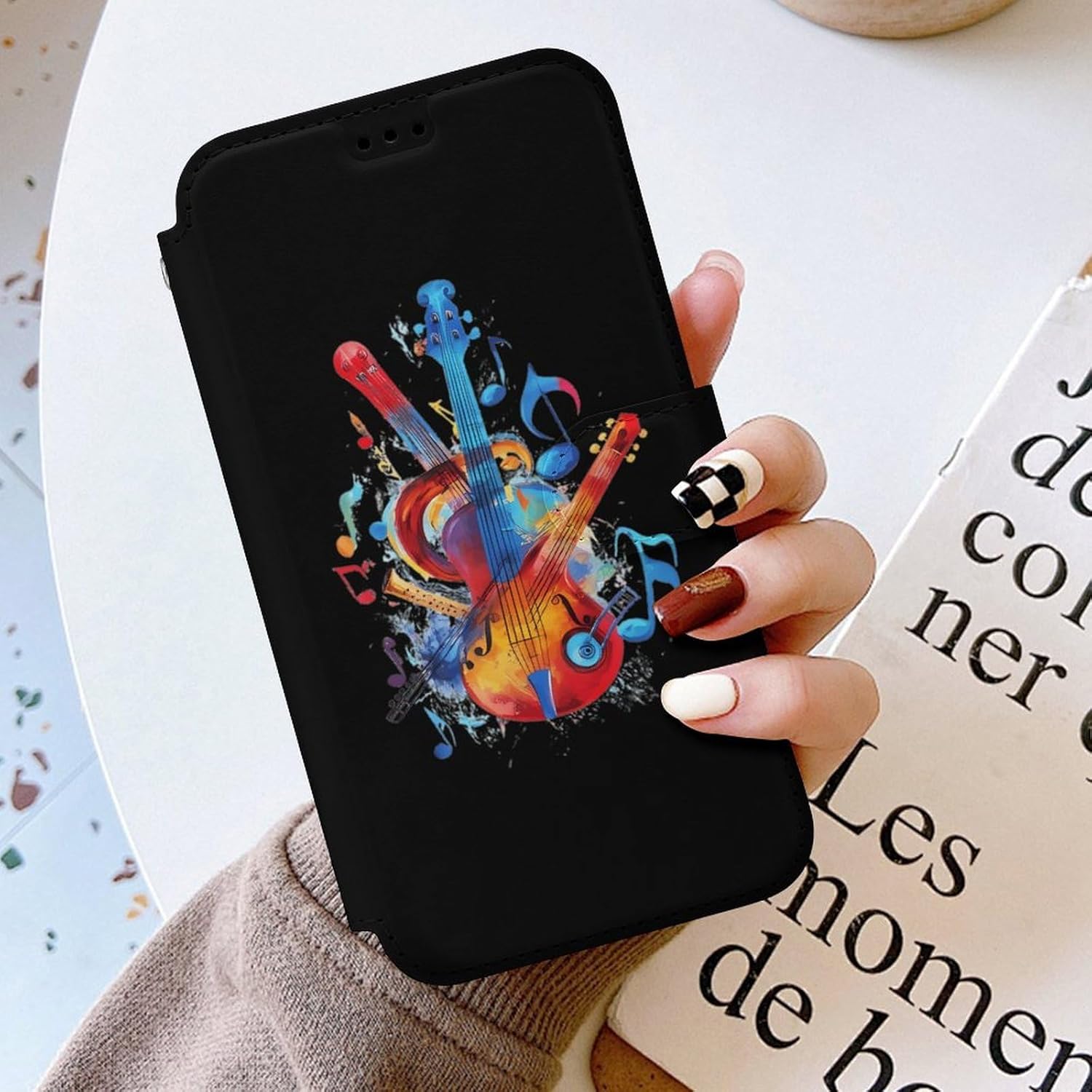 Musical Notes Violin Instruments Compatible with iPhone 16/16 Plus/16 Pro/16 Pro Max/16 E Case Phone Wallet Card Holder Flip Cover with Wrist Strap