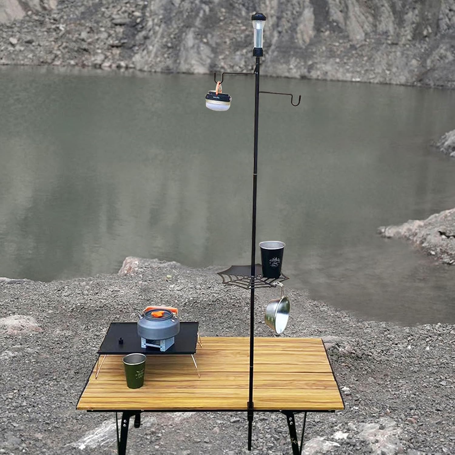 Topyond Camping Lamp Pole, Portable Lantern Stand, Detachable Lightweight Portable Camping Light Stand with Hook for Outdoor Camping(Double Hook Without Head)