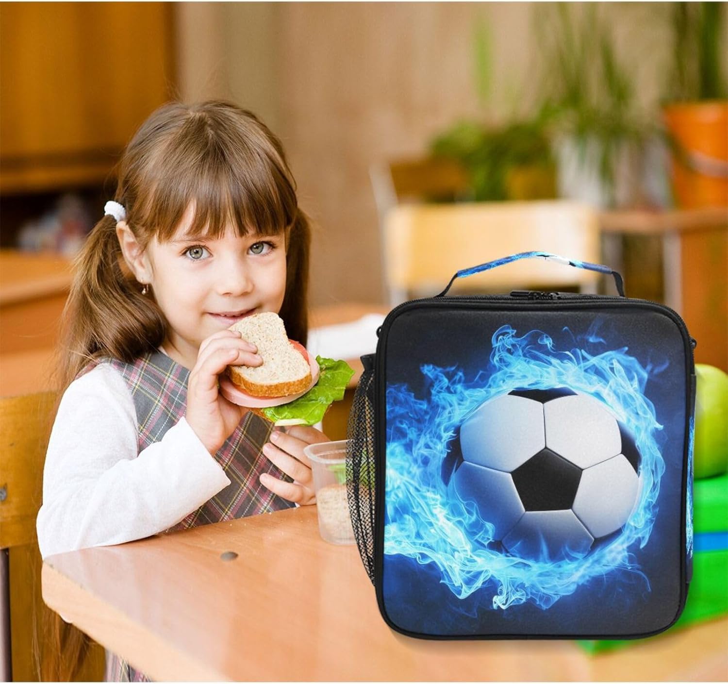 Blue Soccer Flame Football Fire Lunch Box for Girls Boys Insulated Lunch Bag with Adjustable Shoulder Strap Kids Thermal Tote Bags Cooler School Travel Picnic - Image 6