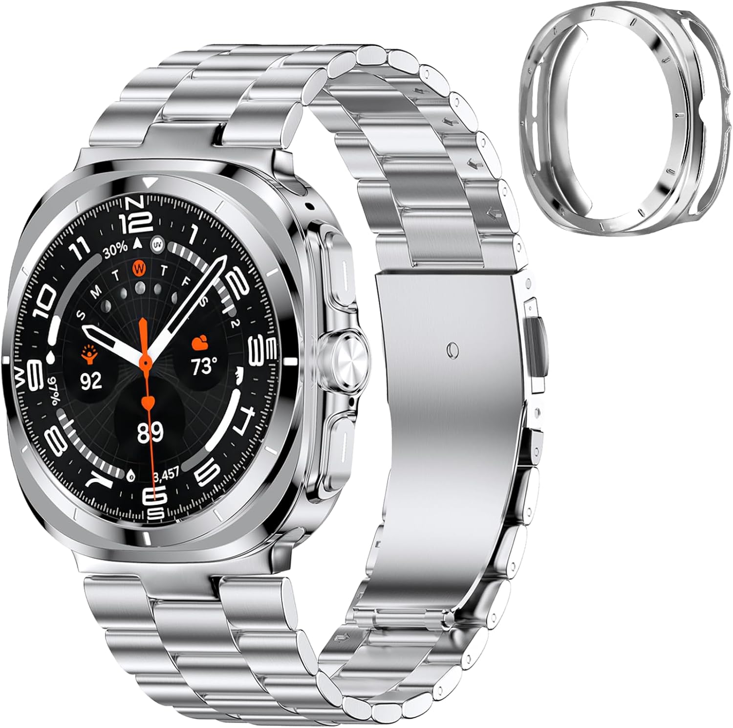 Solid Stainless Steel Band Compatible Samsung Galaxy Watch Ultra 47mm(2025 2024) with Pc Case,Replacement Link Business Executive Metal Strap for Men and Women (black+silver)