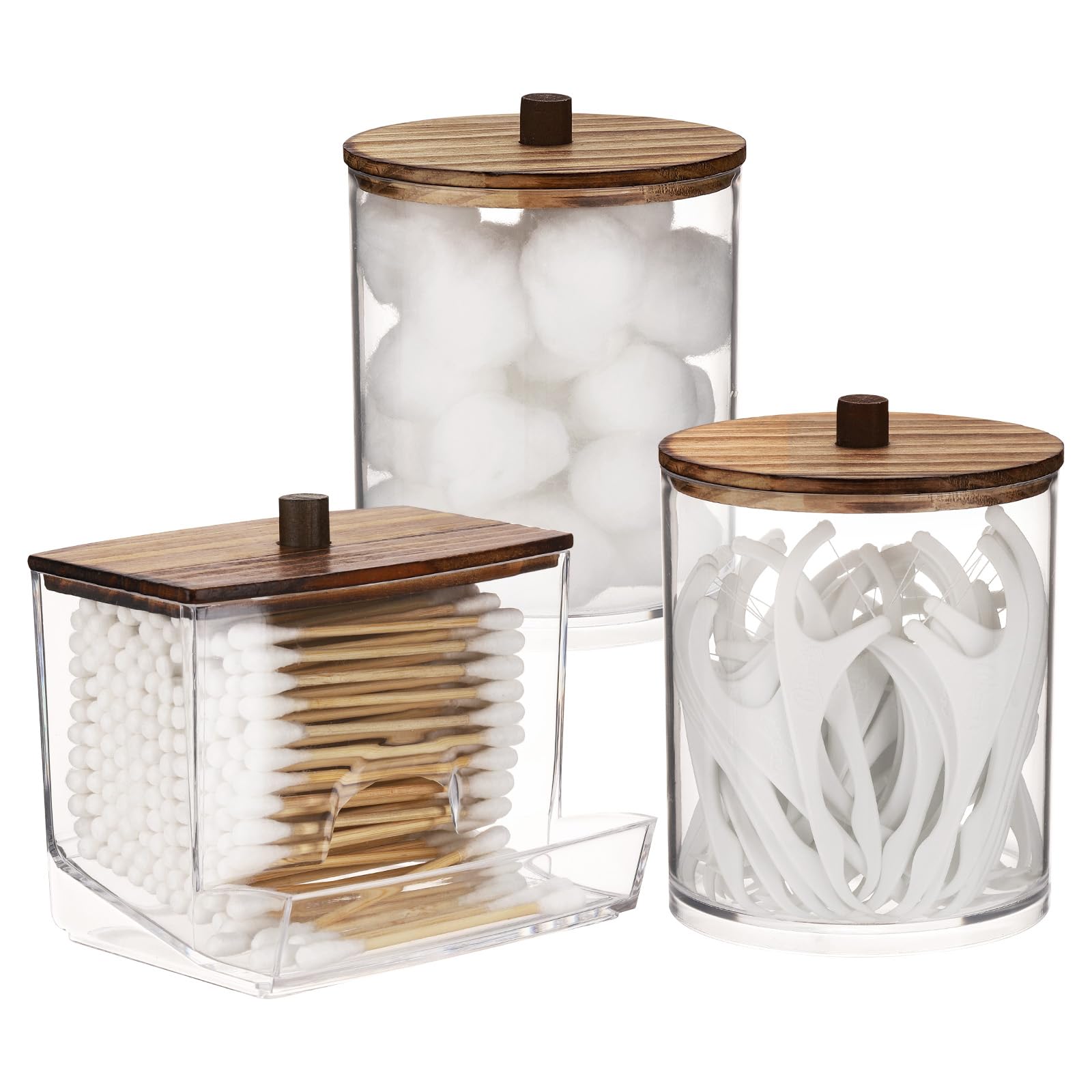 Tbestmax Qtips Dispenser Bathroom Container, 10/12 oz Big Cotton Ball Holder, Apothecary Jar Organizer for Storage Cotton Swab, Cotton Round Pads, Floss Picks (Black Wood Lids)