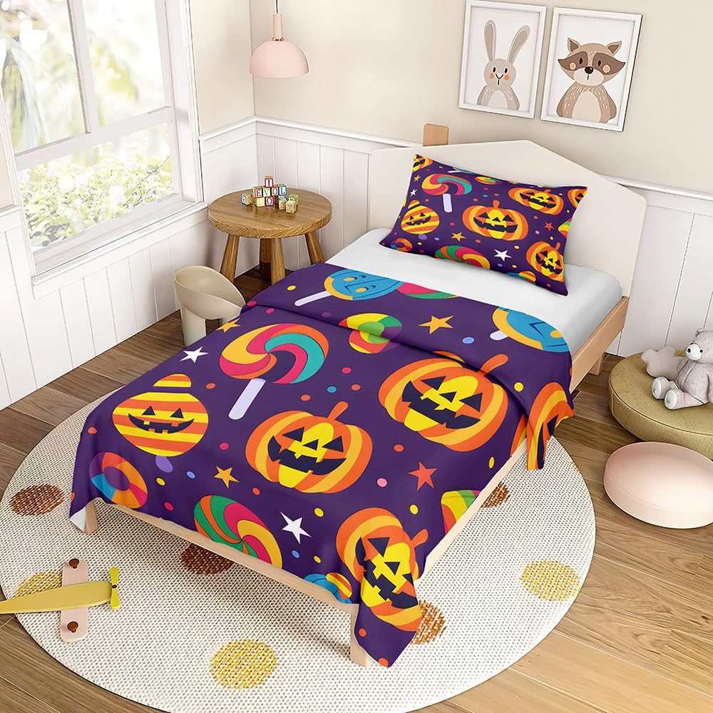 Odot Cot Bed Duvet Cover Set, Halloween Style Childs Toddler Bedding Quilt Covers Set for Kids Boys Girls, Single Bed Duvetcover with Pillowcase Kids Bedding (Multicolored,100x135cm)
