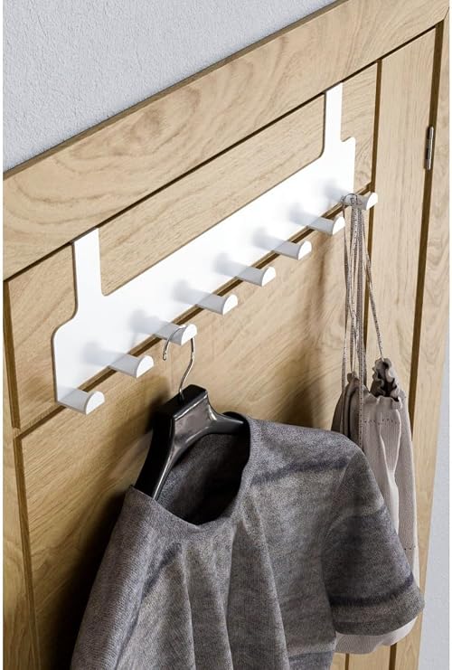 Orret Home Metal Matte Black Behind Door Hanger – 8 American Type Organizer Hanger with Hooks, Practical Hanger for Bathroom and Room Doors, Piercing Mounted Behind Door Hanger (White)