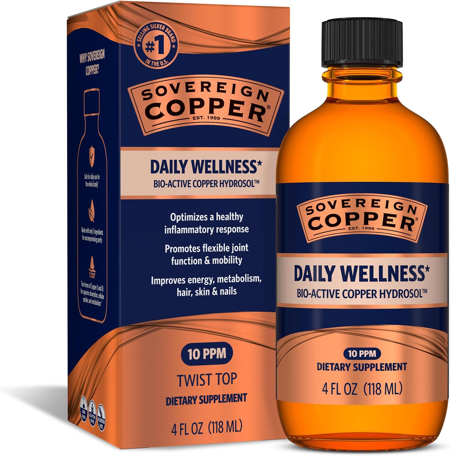 Sovereign Copper Bio-Active Copper Hydrosol, Daily+ 4-in-1 Wellness Supplement for Joint, Bone, Hair, Skin and Nails, Cardiovascular Health, Energy and Metabolic Health Support, 4 fl oz (118 mL)