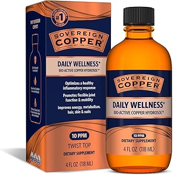 Sovereign Copper Bio-Active Copper Hydrosol, Daily+ 4-in-1 Wellness Supplement for Joint, Bone, Hair, Skin and Nails, Cardiovascular Health, Energy and Metabolic Health Support, 4 fl oz 118 mL