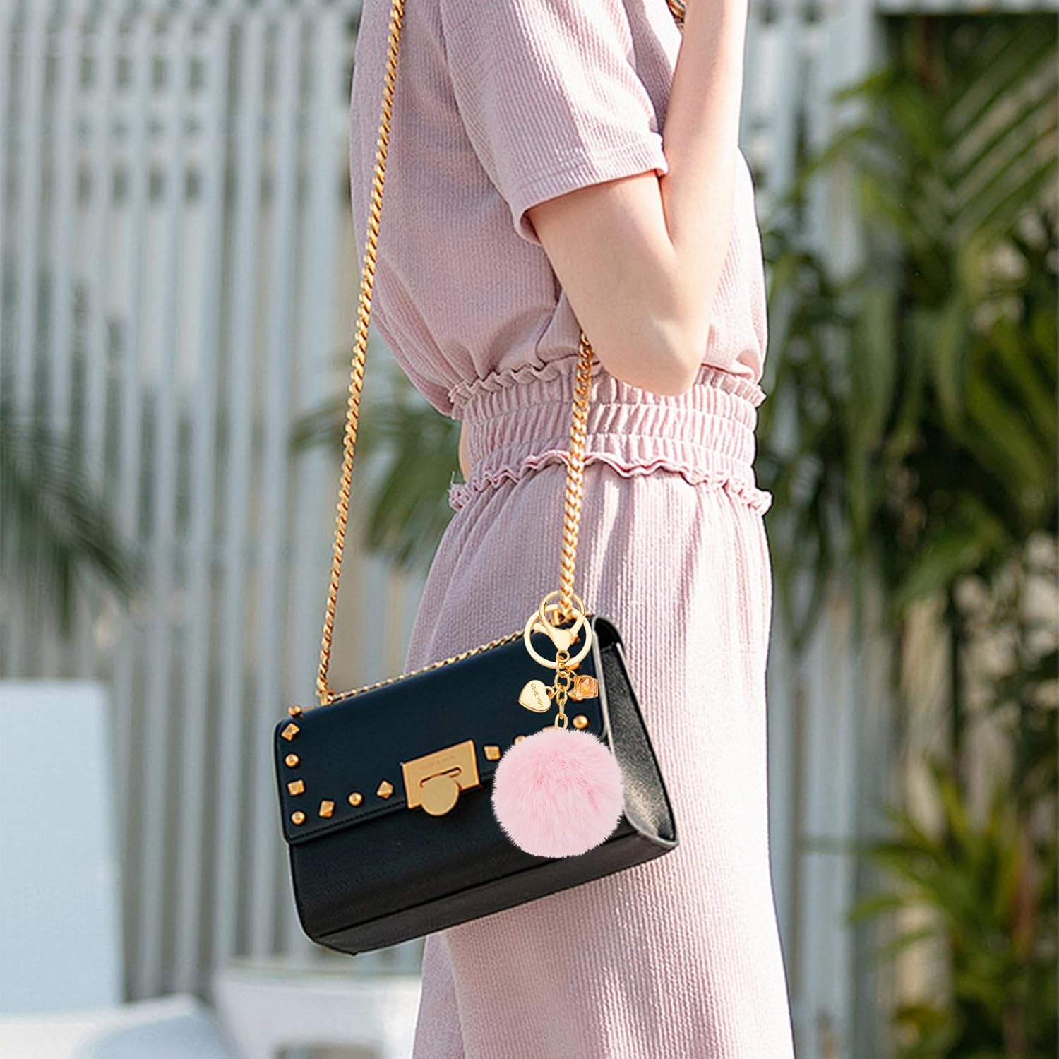 Pom Poms Keychain for Women Pompoms Bag Charms with Heart, Purse Tote Wallet Handbag Car Key Ring Accessory - Image 5